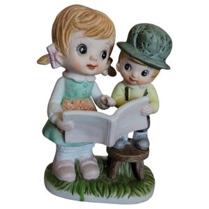 Vtg Artmark Porcelain Figurine Girl Reading To A Little Boy On A Stool
